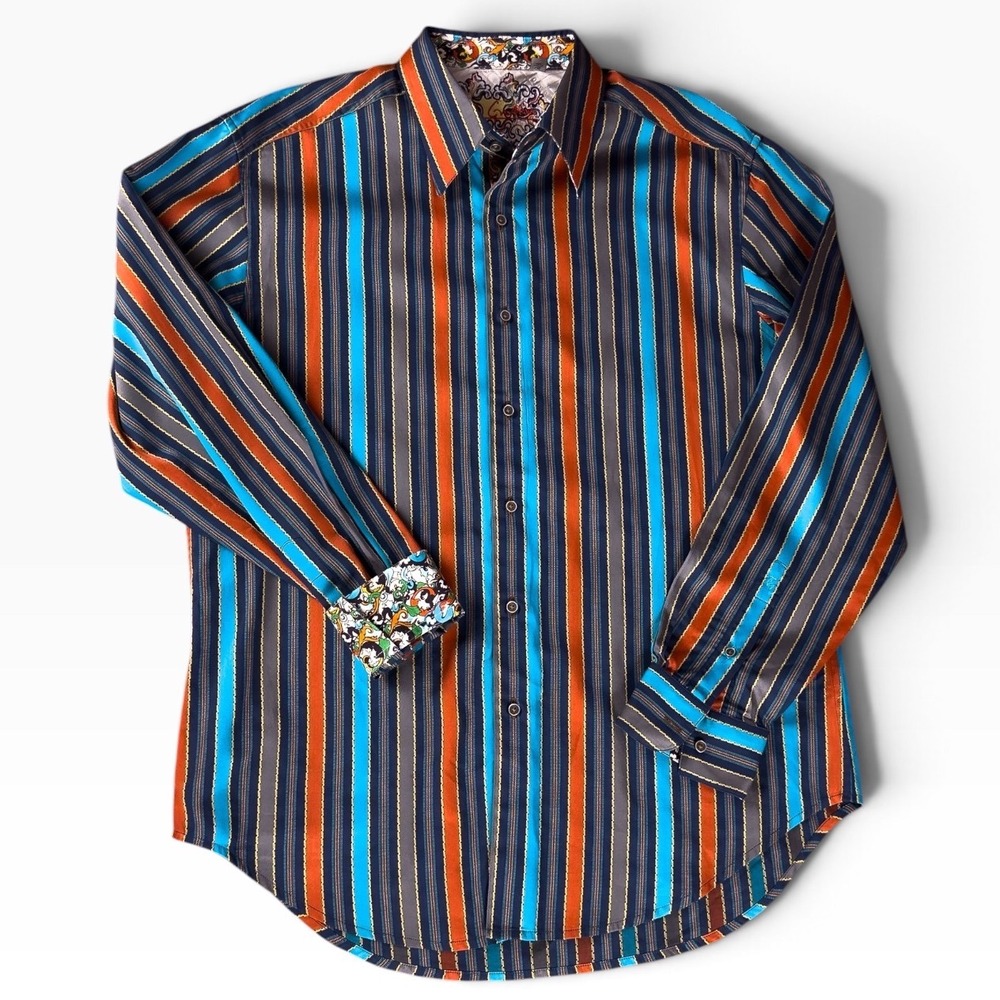 Robert Graham Mens Classic Striped Button Down Shirt Blue Orange Long Sleeve L